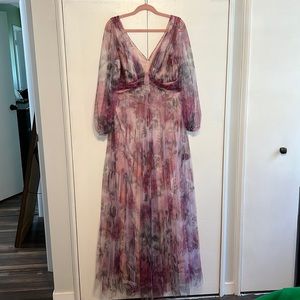 Marchesa Notte Purple Floral long sleeve V-neck gown